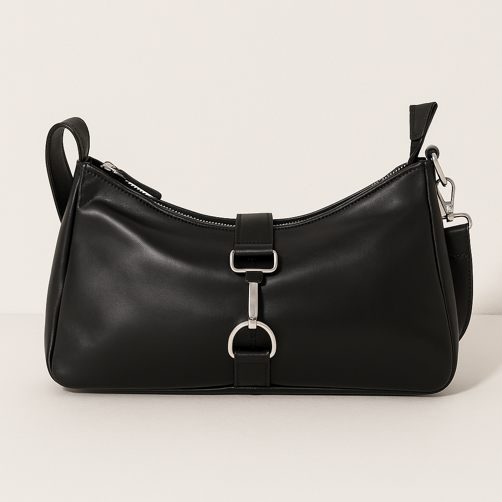 BOLSO DE HOMBRO APLIQUES PIEL NEGRO
