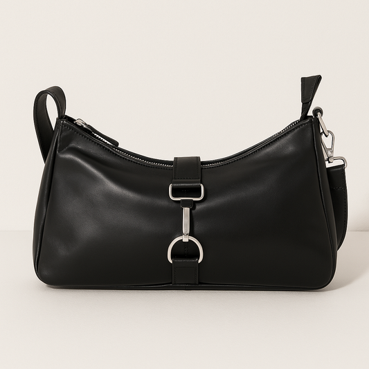 BOLSO DE HOMBRO APLIQUES PIEL NEGRO